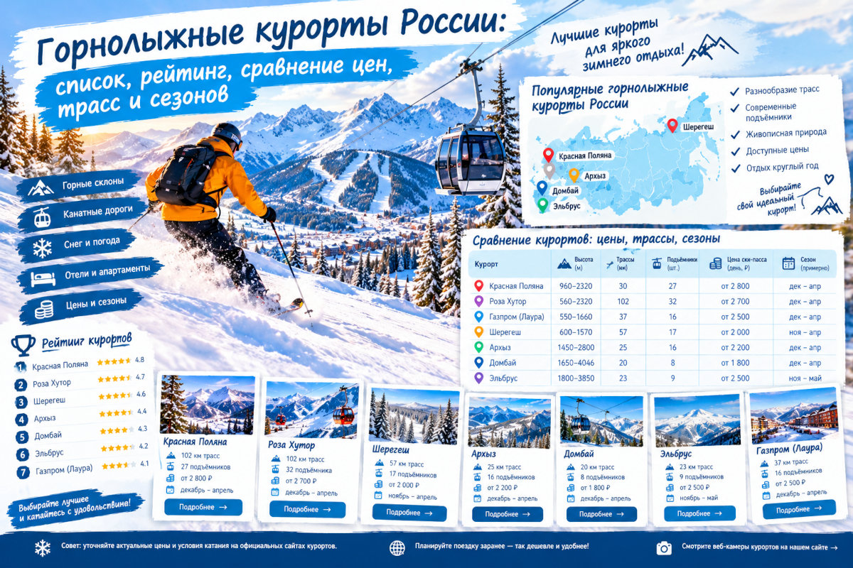Горнолыжные курорты России: список, рейтинг, сравнение цен, трасс и сезонов